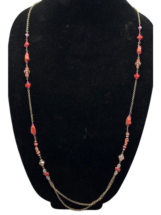 Uknown Jewelry - Necklace chain stones beads big clip pink red clear length 40" READ